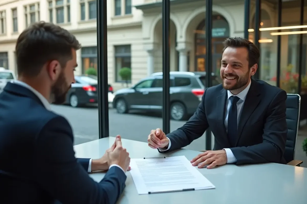 business owner reviewing commercial lease agreement with real estate agent