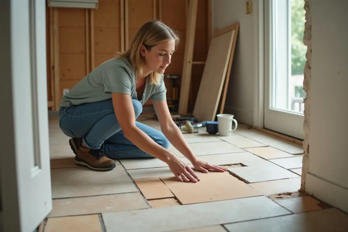 homeowner installing budget friendly floor tiles during home renovation