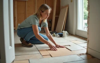 homeowner installing budget friendly floor tiles during home renovation
