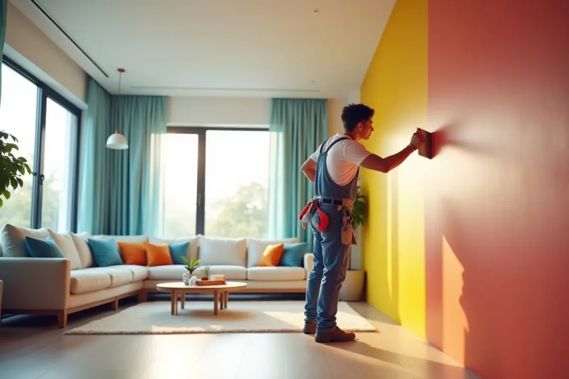 painter applying fresh colors to modern living room walls