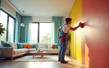 painter applying fresh colors to modern living room walls