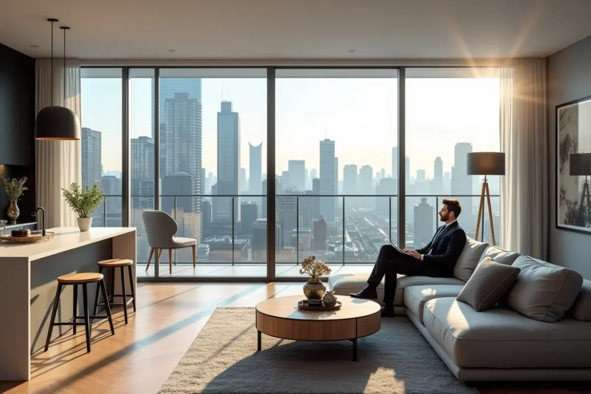 resident enjoying modern condo amenities with city skyline view