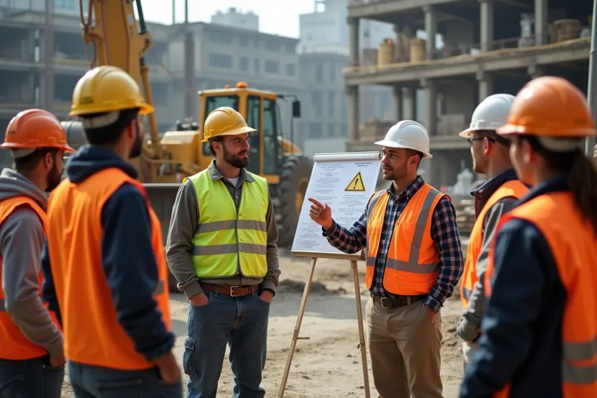 construction workers attending osha safety training session on job site