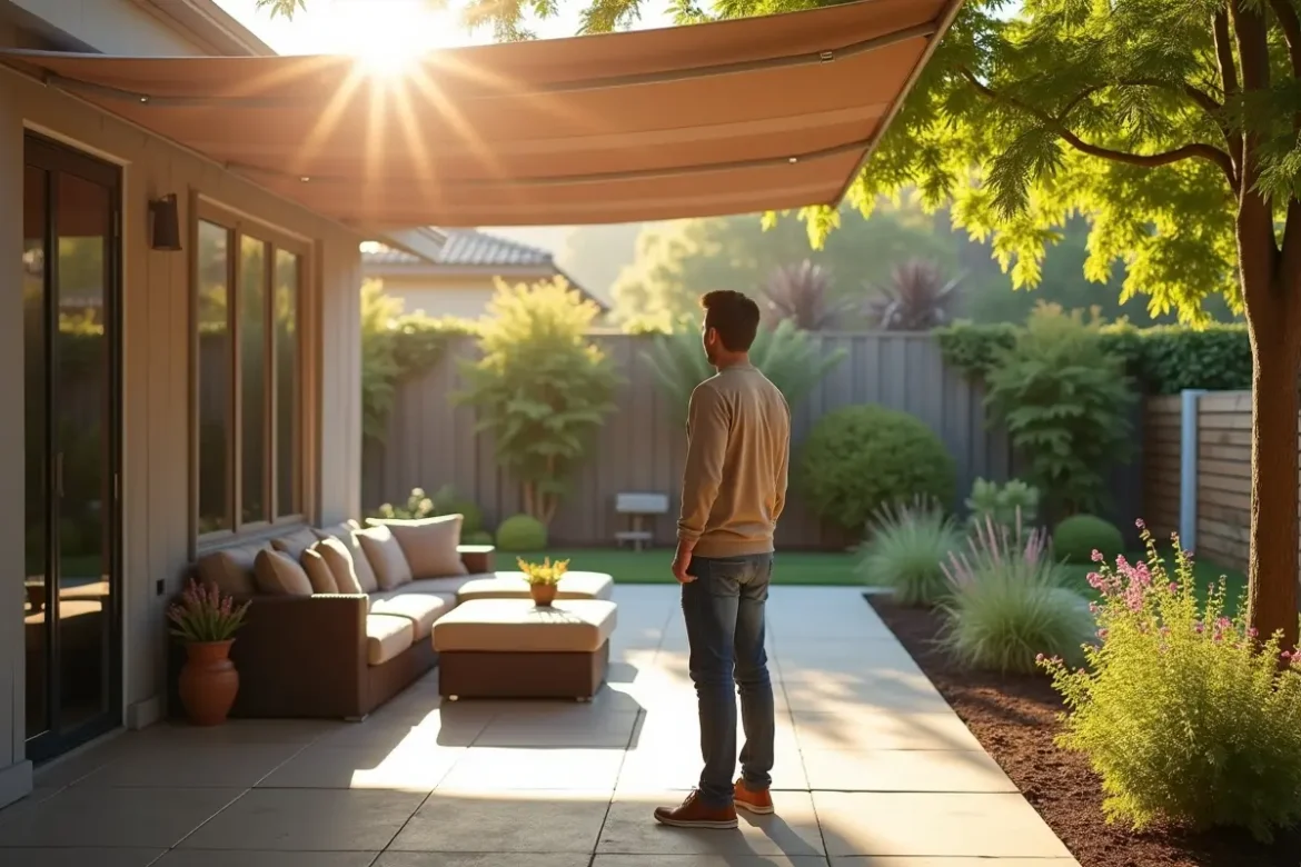 homeowner selecting customizable patio covers matching personal style preferences