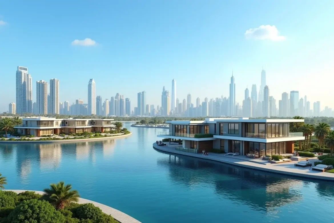 modern dubai residential islands overlooking skyline and waterfront homes