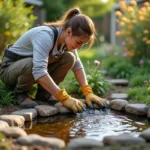 diy gardener building outdoor fountain to enhance peaceful garden space