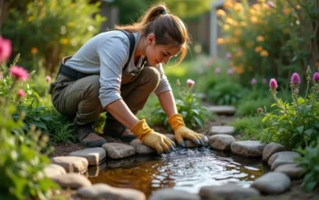 diy gardener building outdoor fountain to enhance peaceful garden space