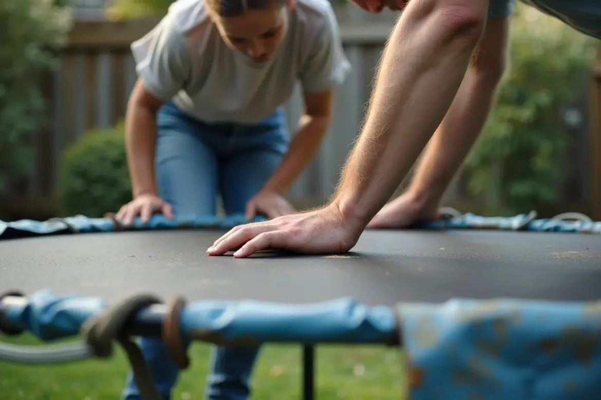 parent inspecting worn trampoline parts to determine safe replacement timing