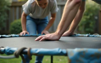 parent inspecting worn trampoline parts to determine safe replacement timing