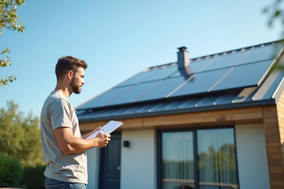 homeowner reviewing rooftop solar panels for sustainable clean energy