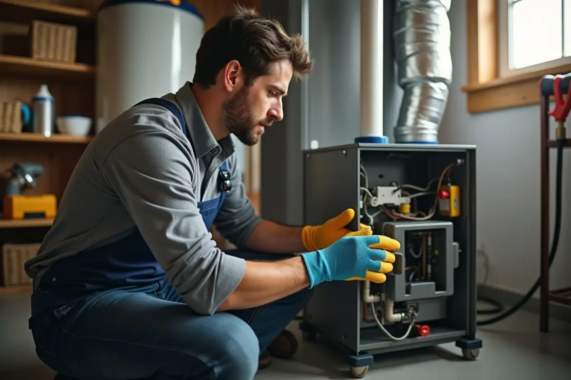 homeowner inspecting residential furnace in utility room