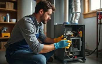 homeowner inspecting residential furnace in utility room