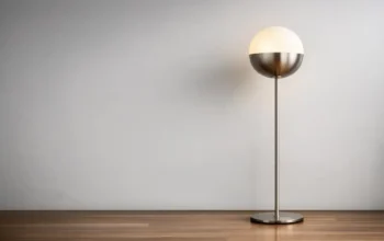 modern floor lamp on wooden floor against minimal wall