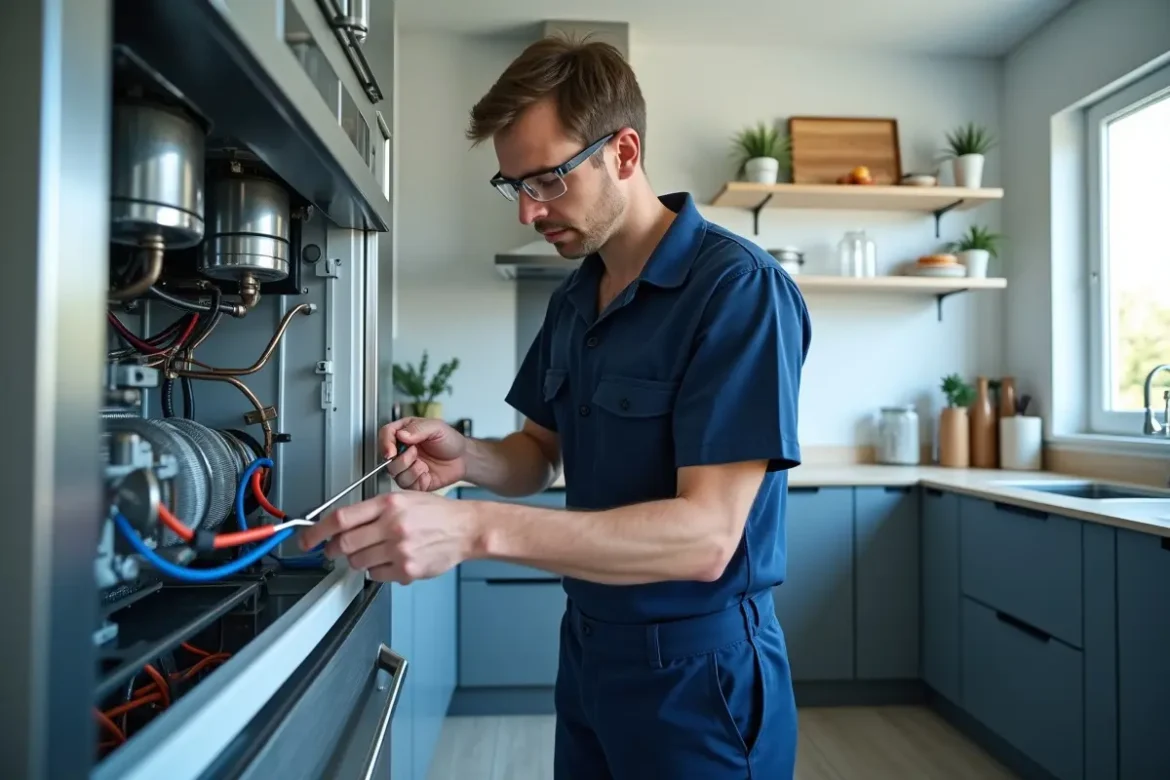 technician inspecting refrigerator cooling system in kitchen