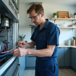technician inspecting refrigerator cooling system in kitchen
