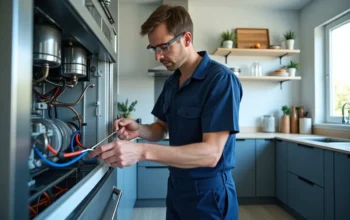 technician inspecting refrigerator cooling system in kitchen