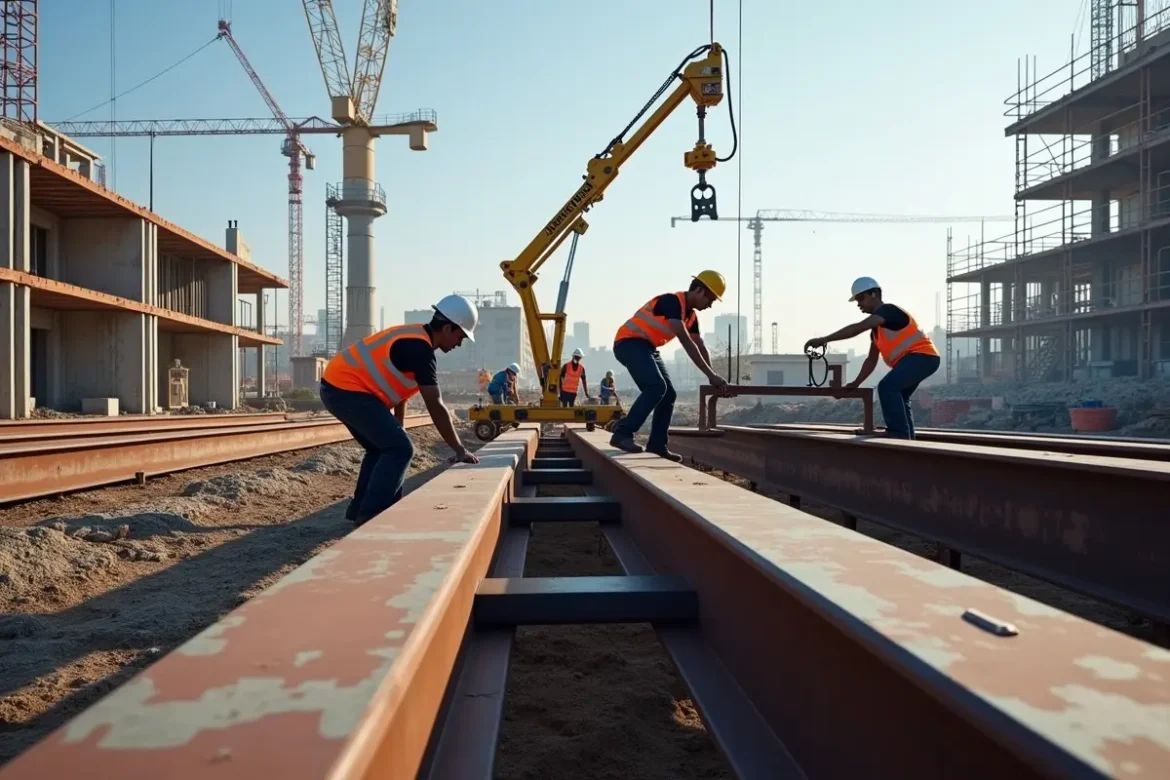 construction workers installing steel beams for structural support