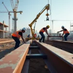 construction workers installing steel beams for structural support