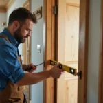 A repairman using a manual screwdriver to tighten the top metal hinge screws of an open, sagging wooden door.