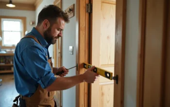A repairman using a manual screwdriver to tighten the top metal hinge screws of an open, sagging wooden door.